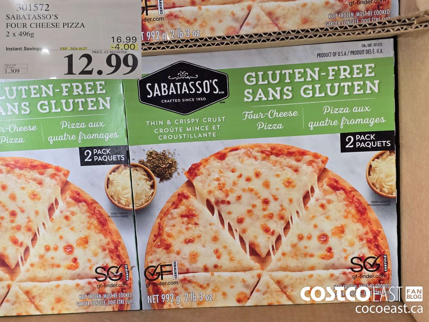 301572 SABATASSO'S FOUR CHEESE PIZZA 2 X 496G ($4.00 INSTANT SAVINGS EXPIRES ON 2024-10-27) $12.99