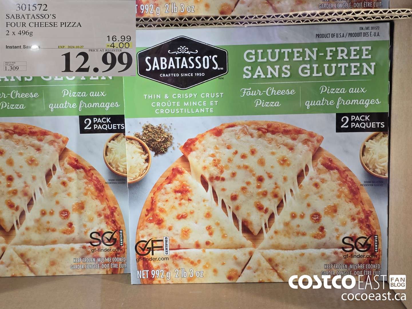 301572 SABATASSO'S FOUR CHEESE PIZZA 2 X 496G ($4.00 INSTANT SAVINGS EXPIRES ON 2024-10-27) $12.99