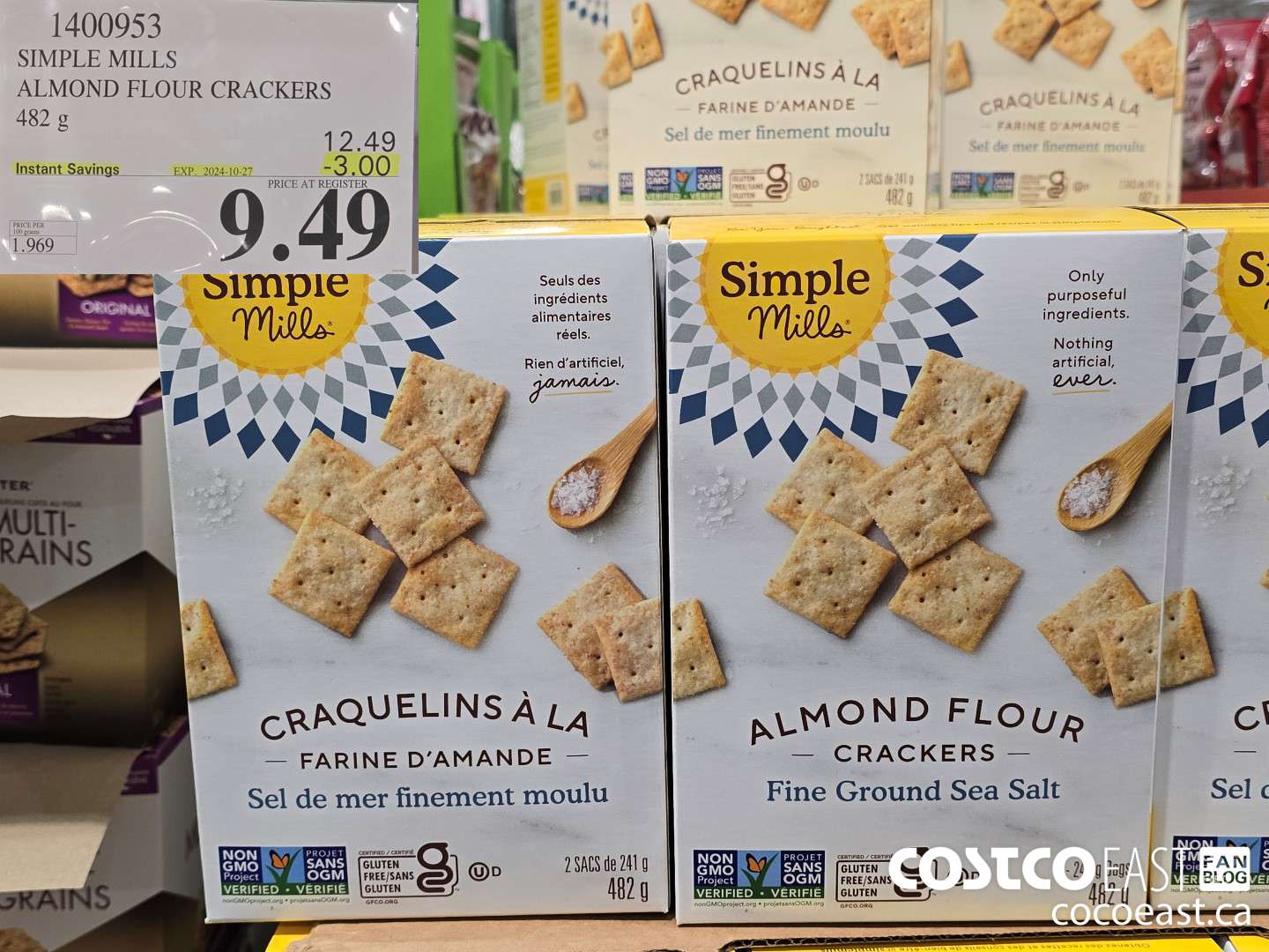 1400953 SIMPLE MILLS ALMOND FLOUR CRACKERS 482 G ($3.00 INSTANT SAVINGS EXPIRES ON 2024-10-27) $9.49