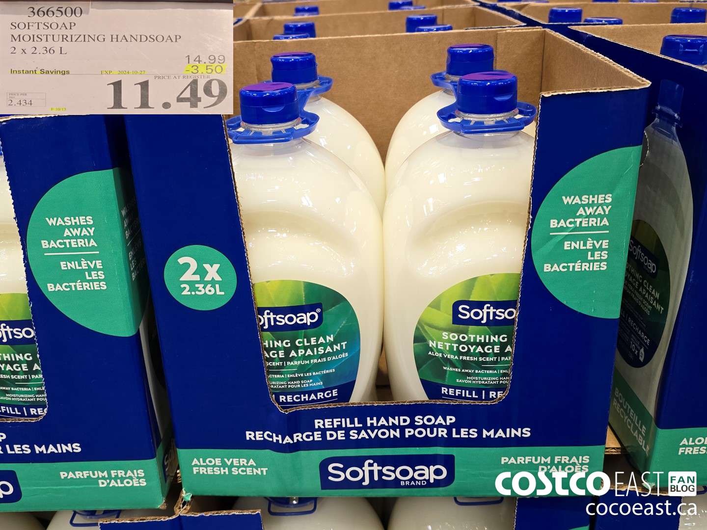366500 SOFTSOAP HANDSOAP WITH ALOE 2 X 2.36 L ($3.50 INSTANT SAVINGS EXPIRES ON 2024-10-27) $11.49