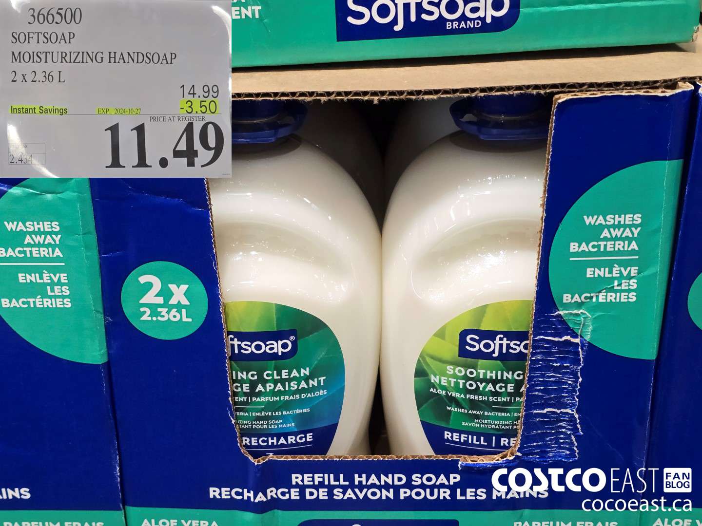 366500 SOFTSOAP HANDSOAP WITH ALOE 2 X 2.36 L ($3.50 INSTANT SAVINGS EXPIRES ON 2024-10-27) $11.49