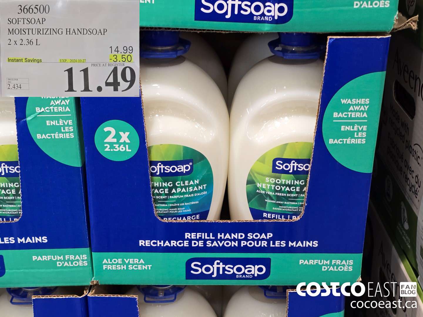 366500 SOFTSOAP HANDSOAP WITH ALOE 2 X 2.36 L ($3.50 INSTANT SAVINGS EXPIRES ON 2024-10-27) $11.49