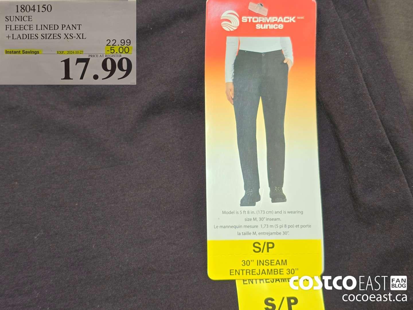 1804150 SUNICE FLEECE LINED PANT +LADIES SIZES XS-XL ($5.00 INSTANT SAVINGS EXPIRES ON 2024-10-27) $17.99