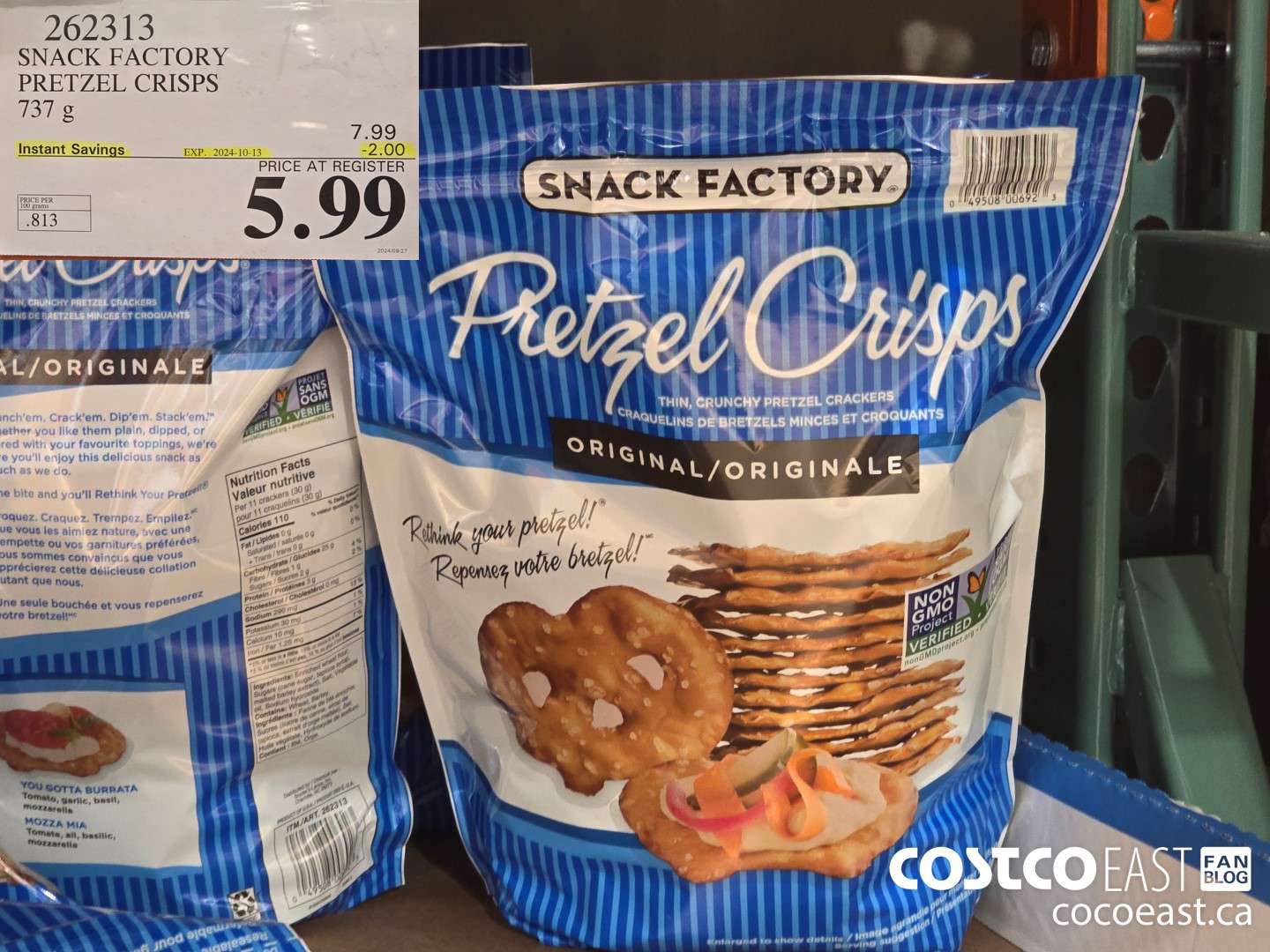 262313 THE SNACK FACTORY PRETZEL CRISPS 737 G ($2.00 INSTANT SAVINGS EXPIRES ON 2024-10-13) $5.99