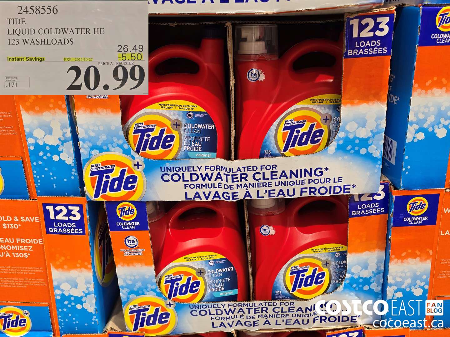 2458556 TIDE LIQUID COLDWATER HE 123 WASHLOADS ($5.50 INSTANT SAVINGS EXPIRES ON 2024-10-27) $20.99