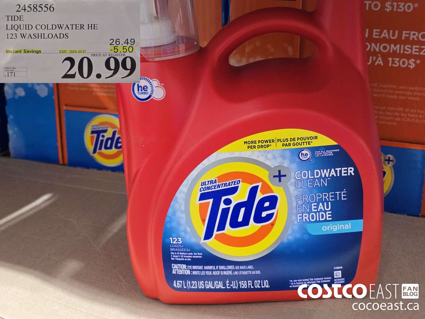 2458556 TIDE LIQUID COLDWATER HE 123 WASHLOADS ($5.50 INSTANT SAVINGS EXPIRES ON 2024-10-27) $20.99