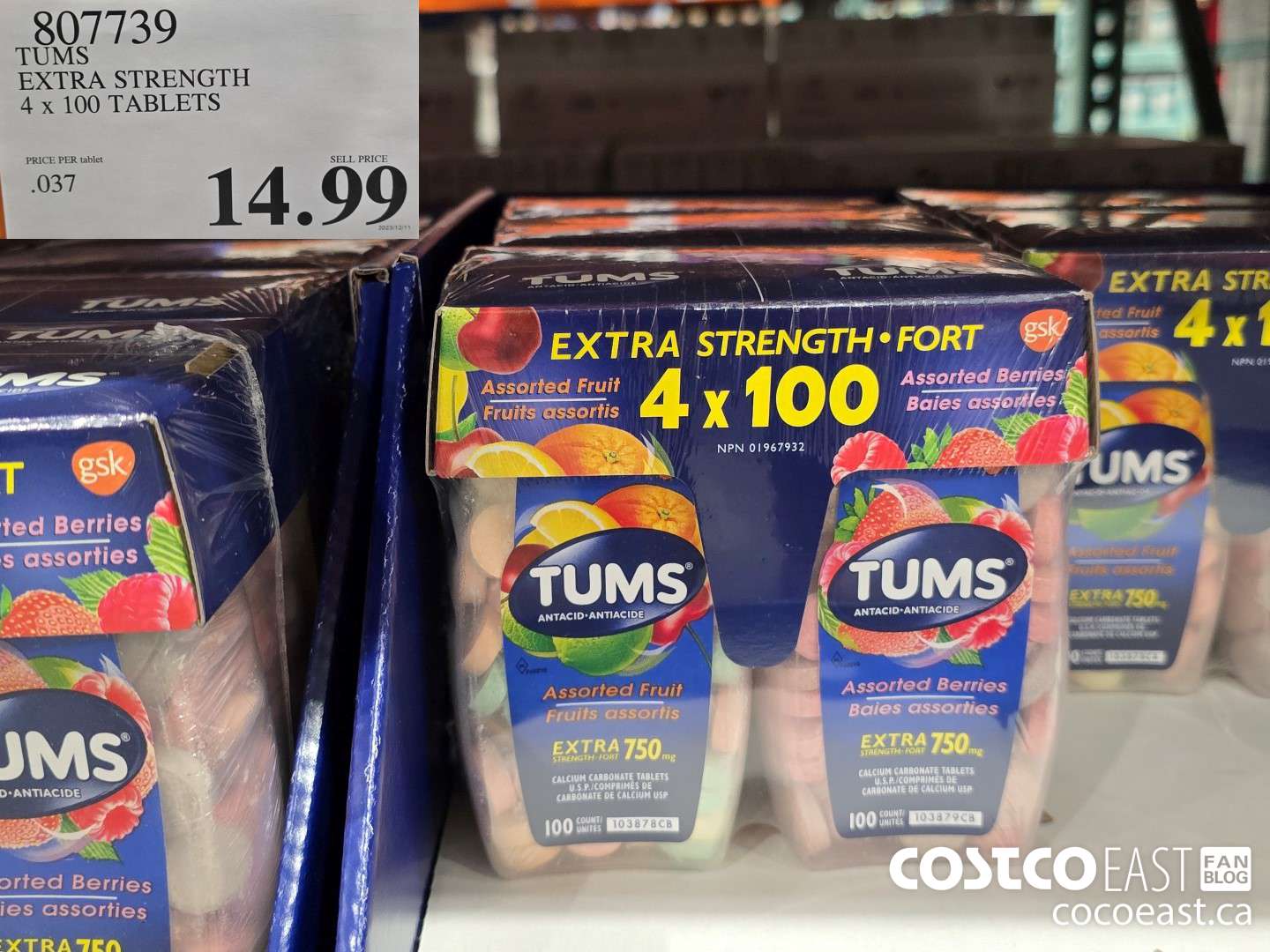 807739 TUMS EXTRA STRENGTH 4 x 100 TABLETS $14.99