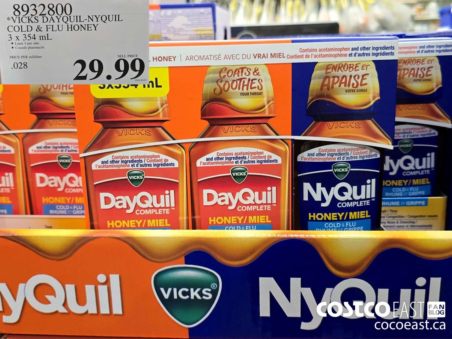 8932800 VICKS DAYQUIL-NYQUIL COLD & FLU HONEY 3 X 354 ML $29.99