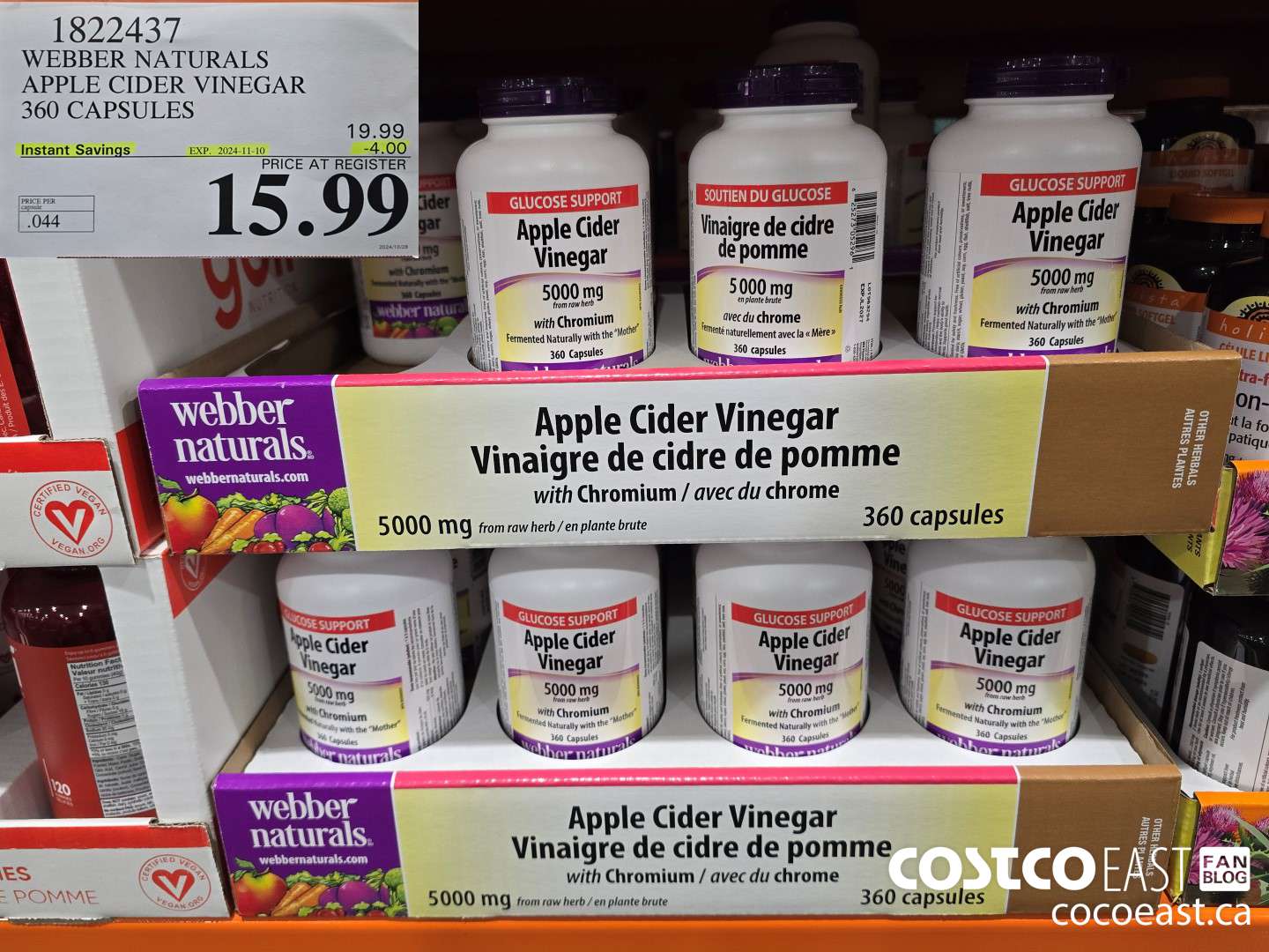 1822437 WEBBER NATURALS APPLE CIDER VINEGAR 360 CAPSULES ($4.00 INSTANT SAVINGS EXPIRES ON 2024-11-10) $15.99