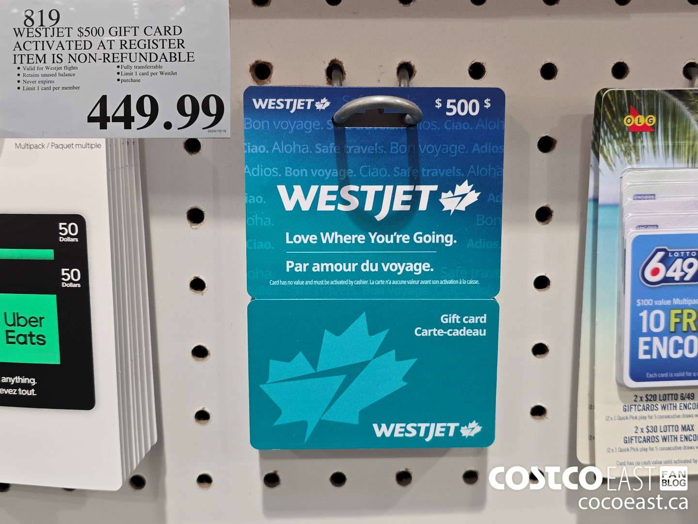 819 WESTJET 3500 GIFT CARD ACTIVATED AT REGISTER NON-REFUNDABLE $449.99