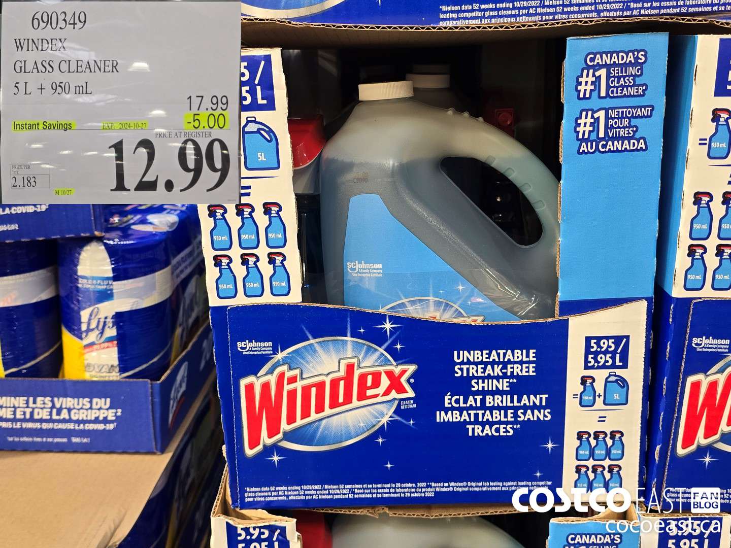 690349 WINDEX GLASS CLEANER 5 L + 950 ML ($5.00 INSTANT SAVINGS EXPIRES ON 2024-10-27) $12.99