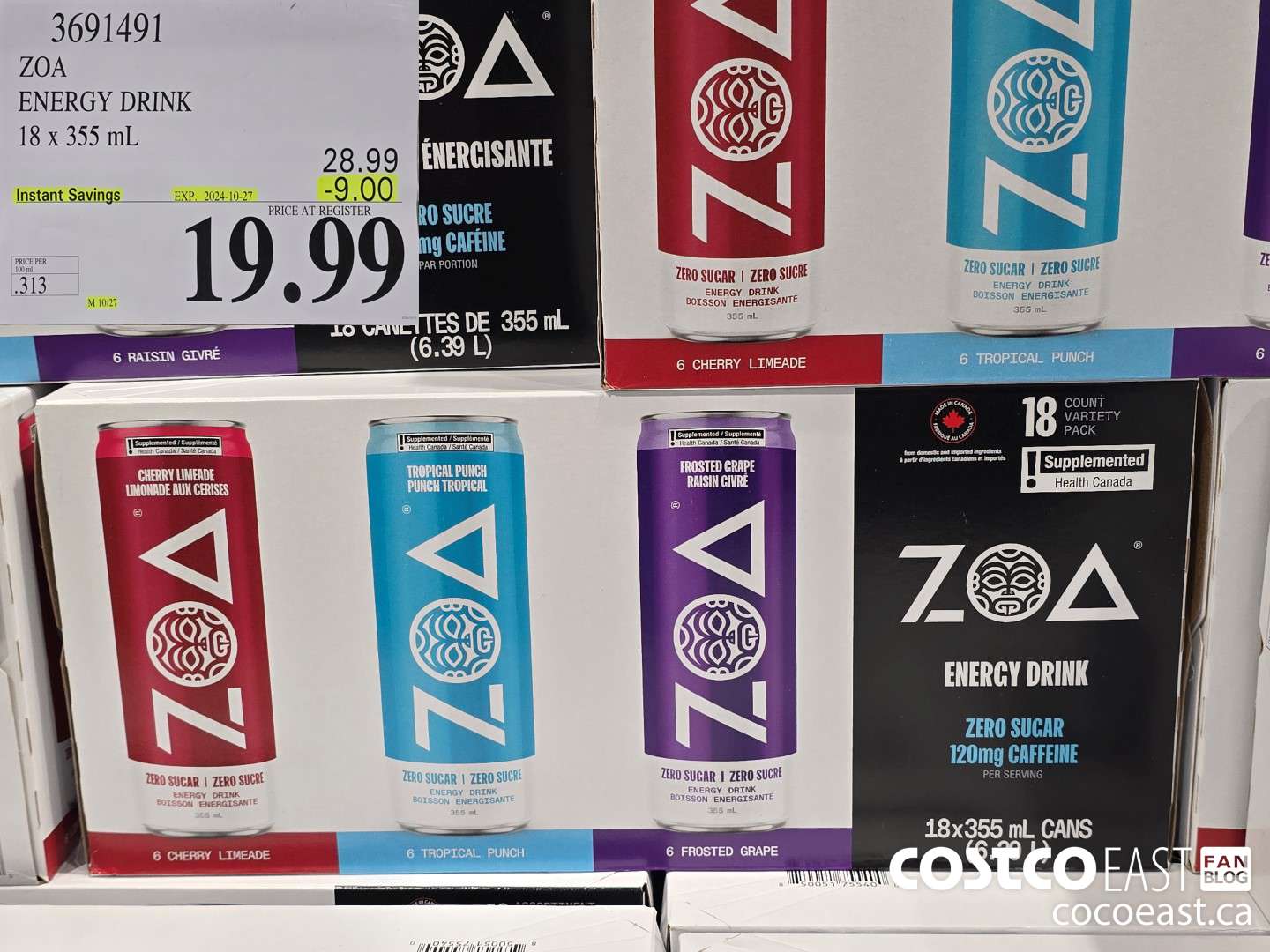 3691491 ZOA ENERGY DRINK 18 x 355 mL ($9.00 INSTANT SAVINGS EXPIRES ON 2024-10-27) $19.99