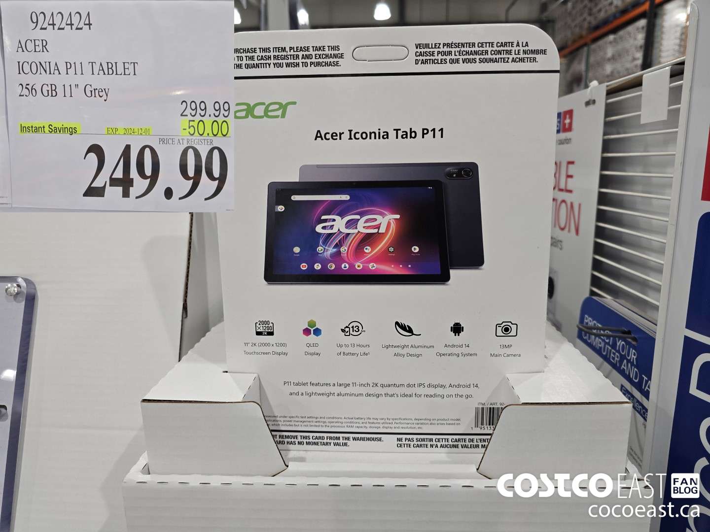 9242424 ACER ICONIA 11IN TABLET 256GB, GREY ($50.00 INSTANT SAVINGS EXPIRES ON 2024-12-01) $249.99