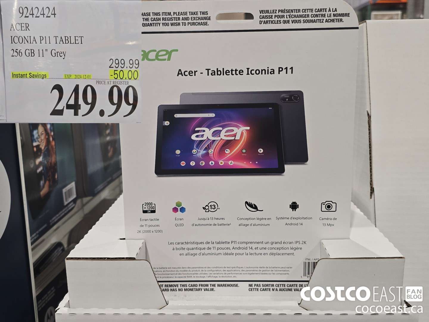 9242424 ACER ICONIA p11 TABLET 256GB, GREY ($50.00 INSTANT SAVINGS EXPIRES ON 2024-12-01) $249.99