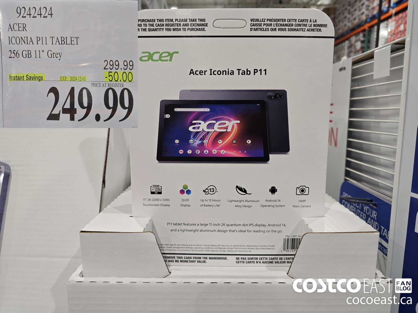 9242424 ACER ICONIA p11 TABLET 256GB, GREY ($50.00 INSTANT SAVINGS EXPIRES ON 2024-12-01) $249.99