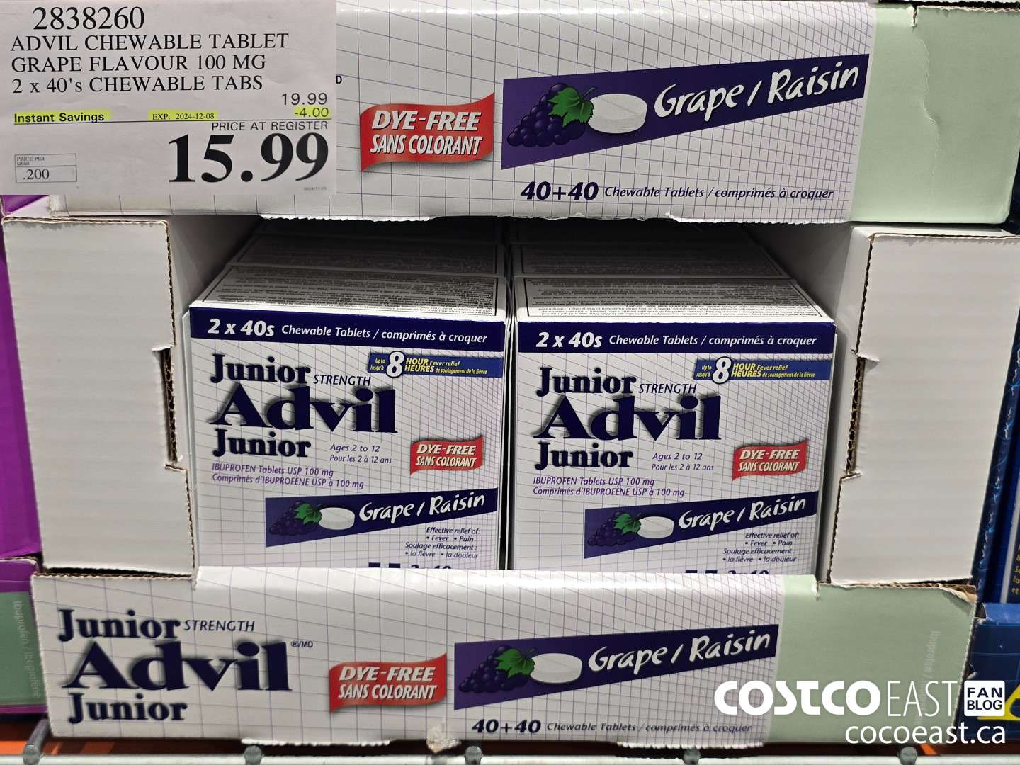 2838260 ADVIL CHEWABLE TABLET GRAPE FLAVOUR 100 MG 2 X 40'S CHEWABLE TABS ($4.00 INSTANT SAVINGS EXPIRES ON 2024-12-08) $15.99
