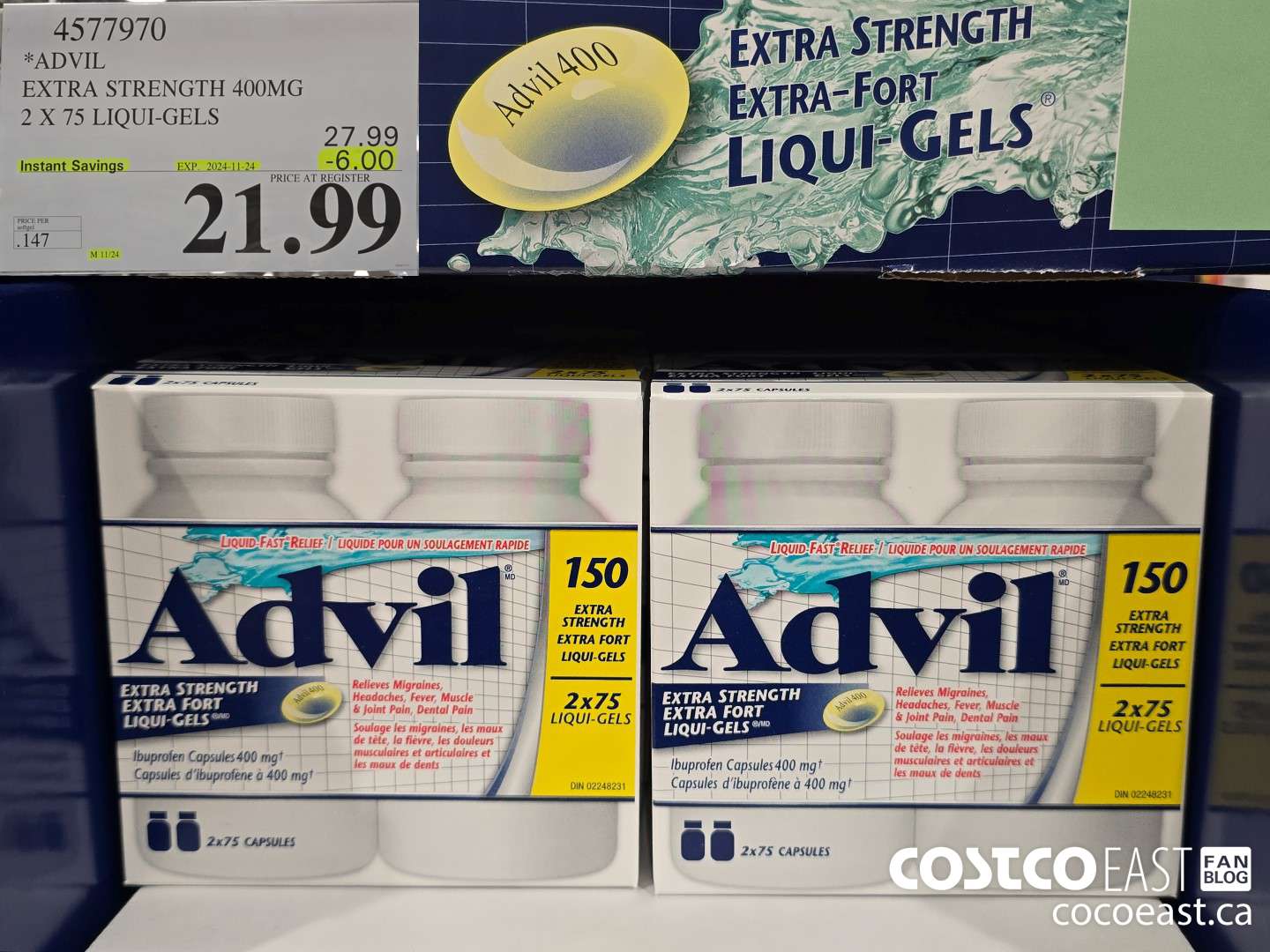 4577970 ADVIL EXTRA STRENGTH 400 MG 2 X 75 LIQUI-GELS ($6.00 INSTANT SAVINGS EXPIRES ON 2024-11-24) $21.99