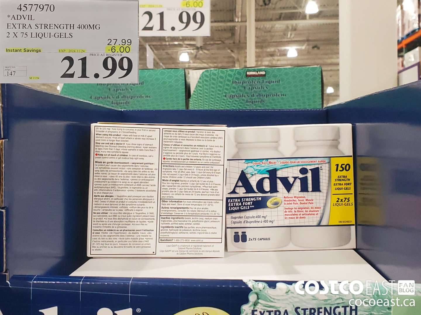 4577970 ADVIL EXTRA STRENGTH 400 MG 2 X 75 LIQUI-GELS ($6.00 INSTANT SAVINGS EXPIRES ON 2024-11-24) $21.99