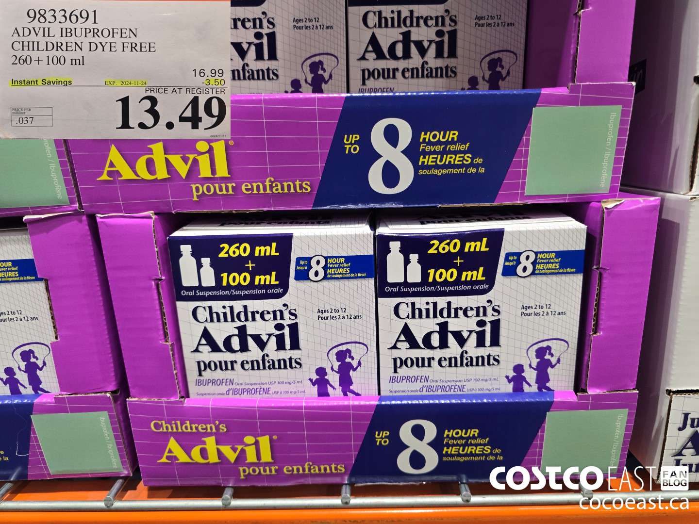 9833691 ADVIL IBUPROFEN CHILDREN DYE FREE 260 + 100ML ($3.50 INSTANT SAVINGS EXPIRES ON 2024-11-24) $13.49