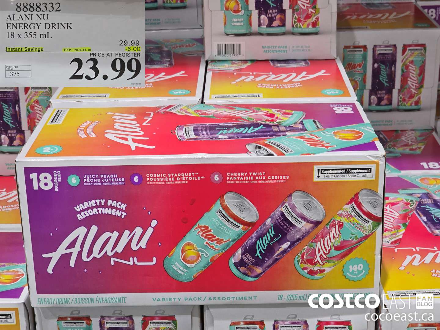 8888332 ALANI NU ENERGY DRINK 18 x 355 mL ($6.00 INSTANT SAVINGS EXPIRES ON 2024-11-10) $23.99