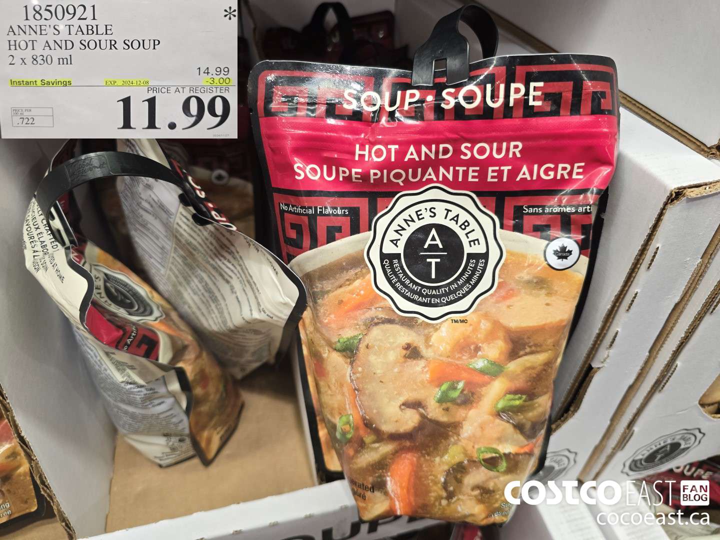 1850921 ANNE'S TABLE HOT AND SOUR SOUP 2 x 830 ml ($3.00 INSTANT SAVINGS EXPIRES ON 2024-12-08) $11.99