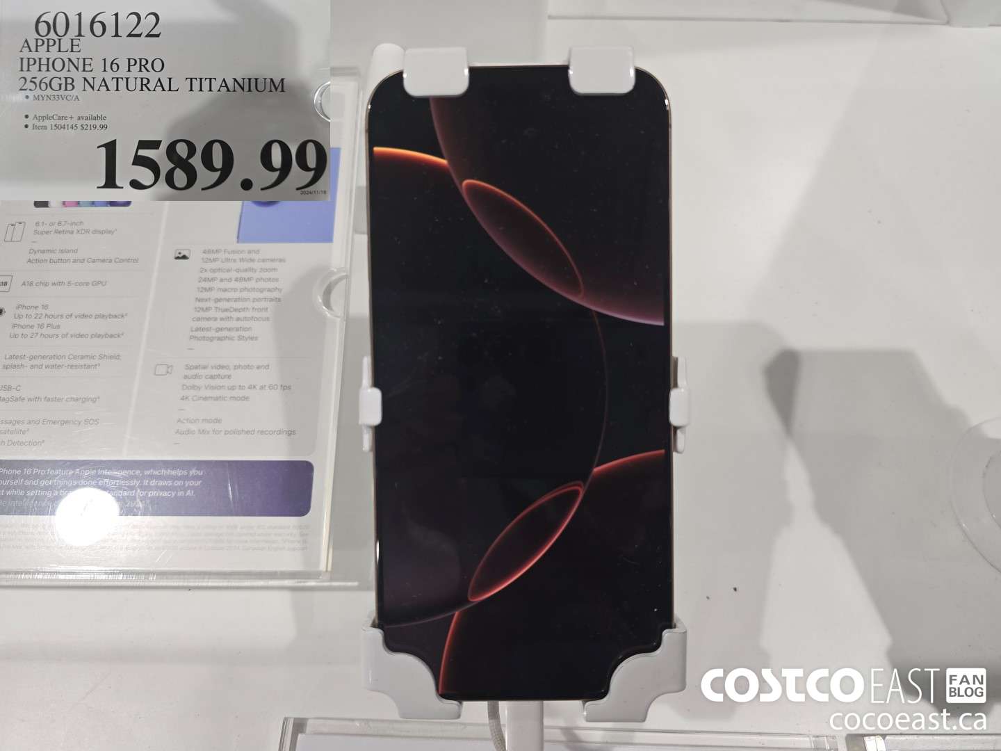6016122 APPLE IPHONE 16 PRO 256GB NATURAL TITANIUM $1589.99