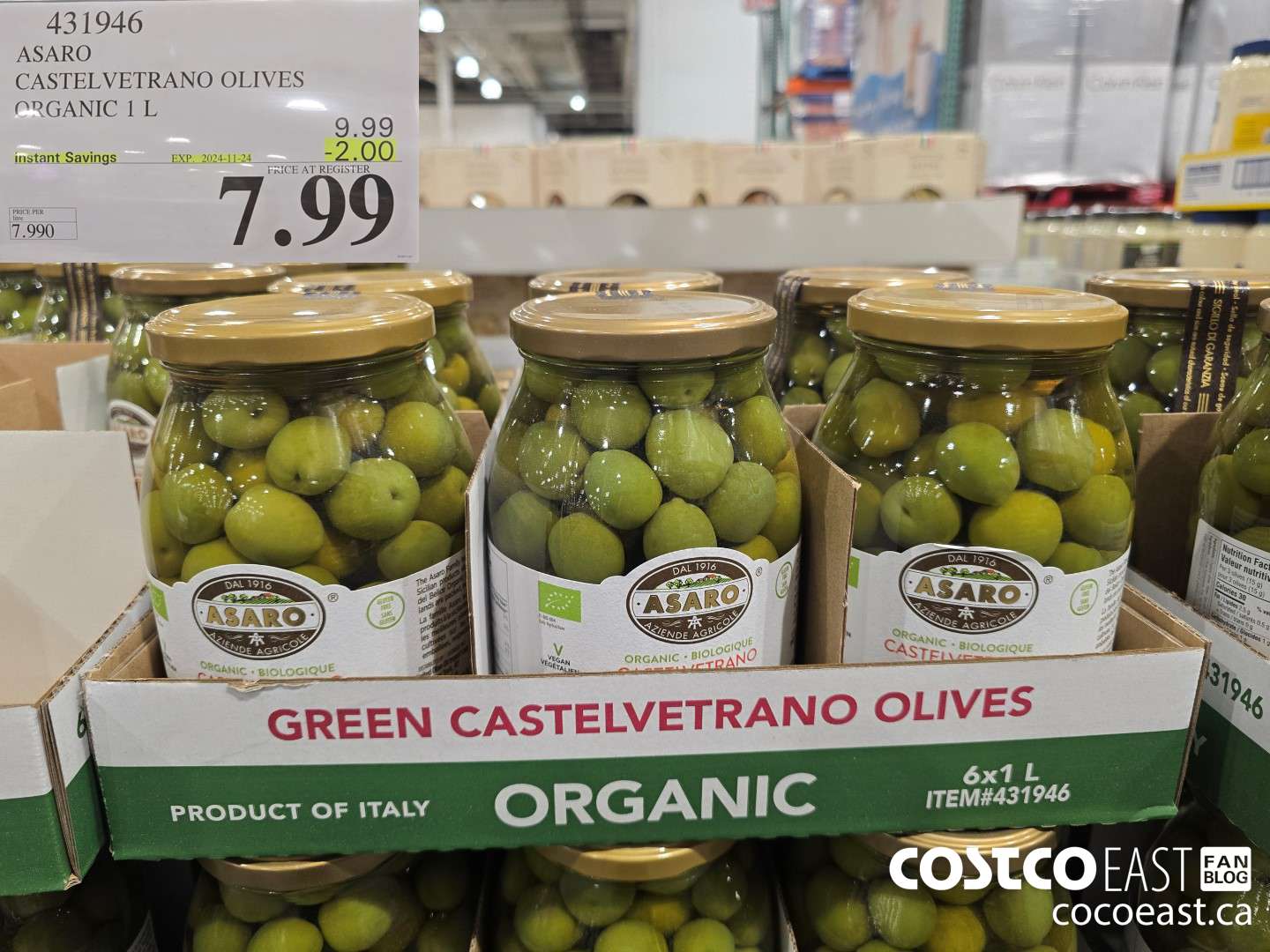 431946 ASARO CASTELVETRANO OLIVES ORGANIC 1 L ($2.00 INSTANT SAVINGS EXPIRES ON 2024-11-24) $7.99
