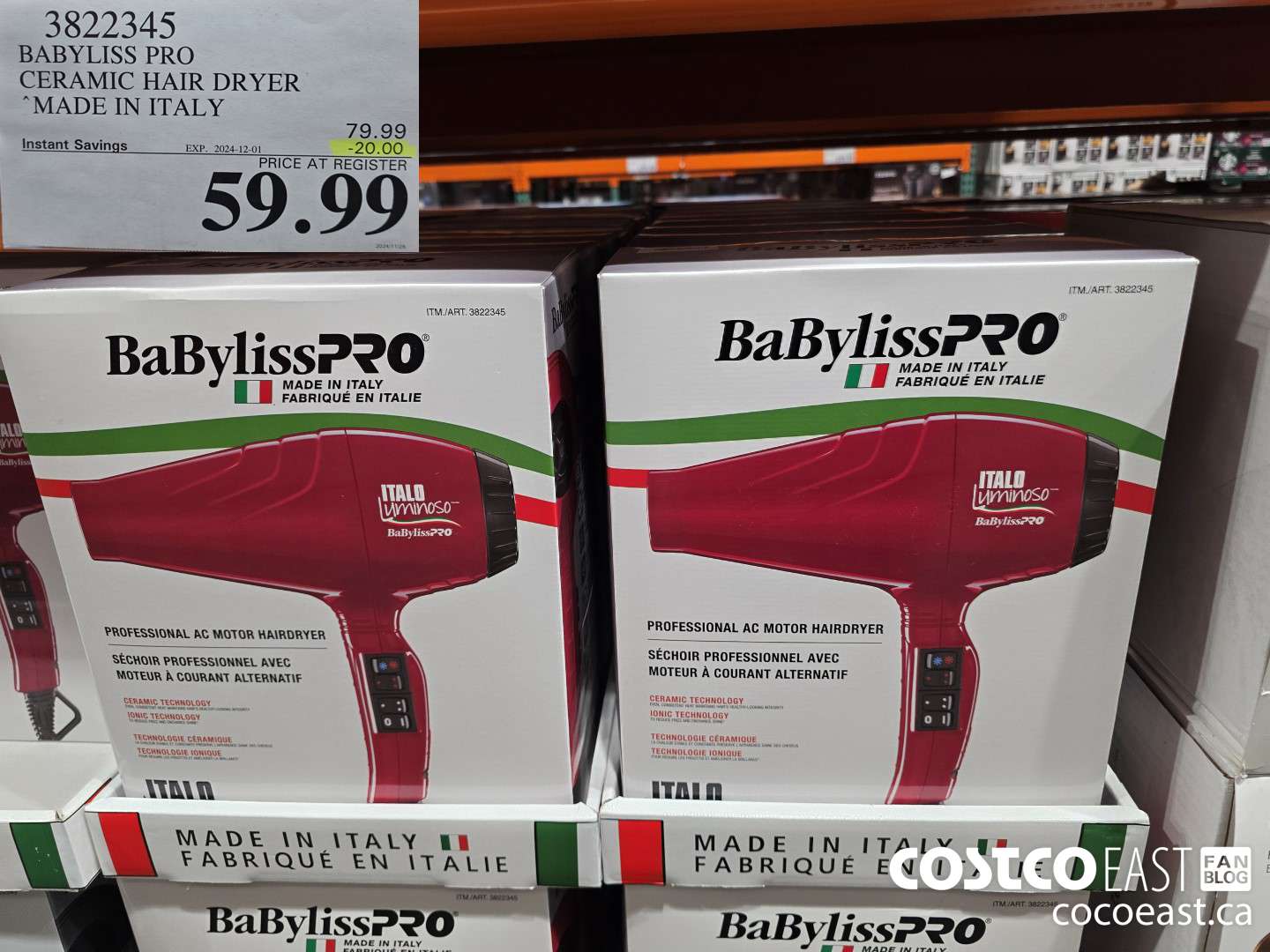 3822345 BABYLISS PRO CERAMIC HAIR DRYER MADE IN ITALY ($20.00 INSTANT SAVINGS EXPIRES ON 2024-12-01) $59.99