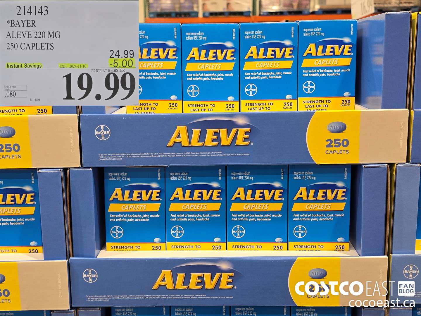 214143 BAYER ALEVE 220 MG 250 CAPLETS ($5.00 INSTANT SAVINGS EXPIRES ON 2024-11-10) $19.99