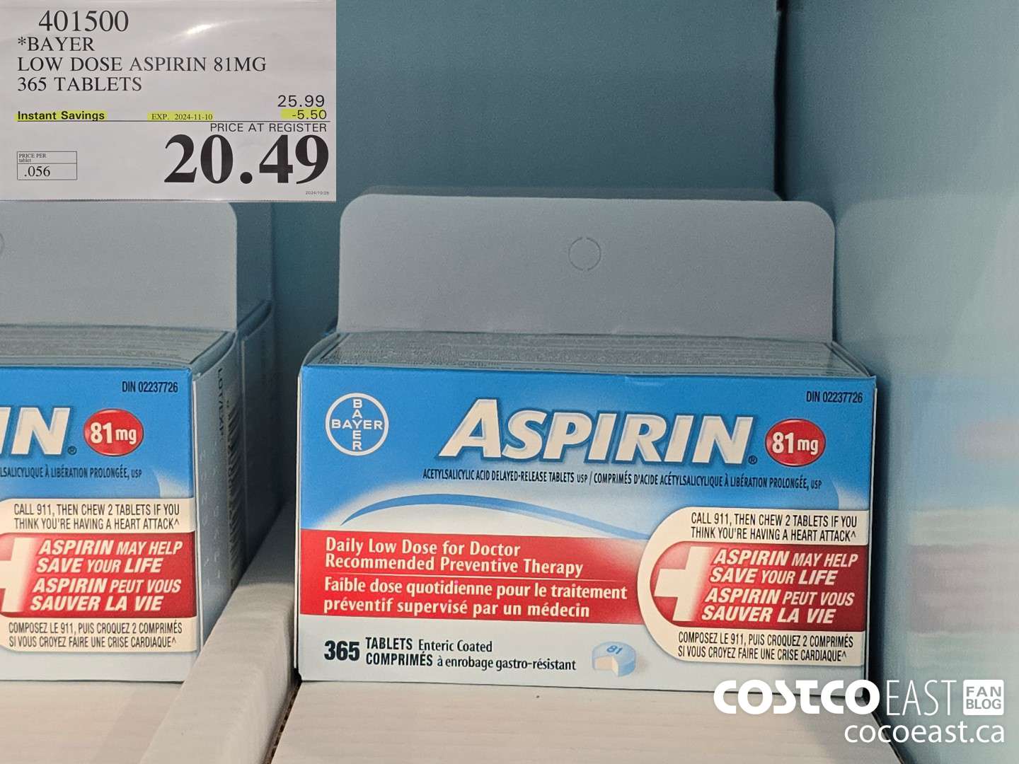401500 BAYER LOW DOSE ASPIRIN 81MG 365 TABLETS ($5.50 INSTANT SAVINGS EXPIRES ON 2024-11-10) $20.49