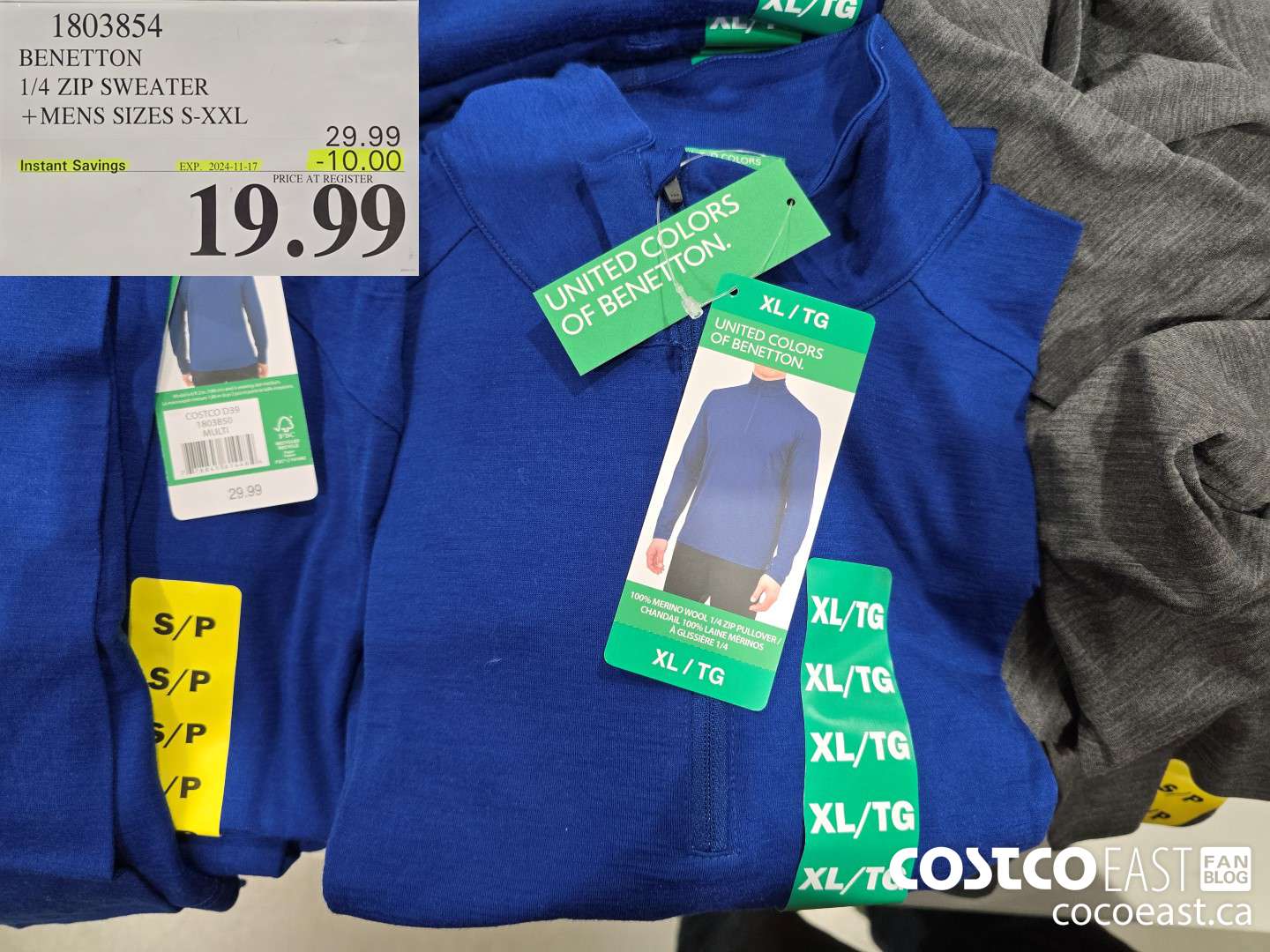 1803854 BENETTON 1/4 ZIP SWEATER +MENS SIZES S-XXL ($10.00 INSTANT SAVINGS EXPIRES ON 2024-11-17) $19.99