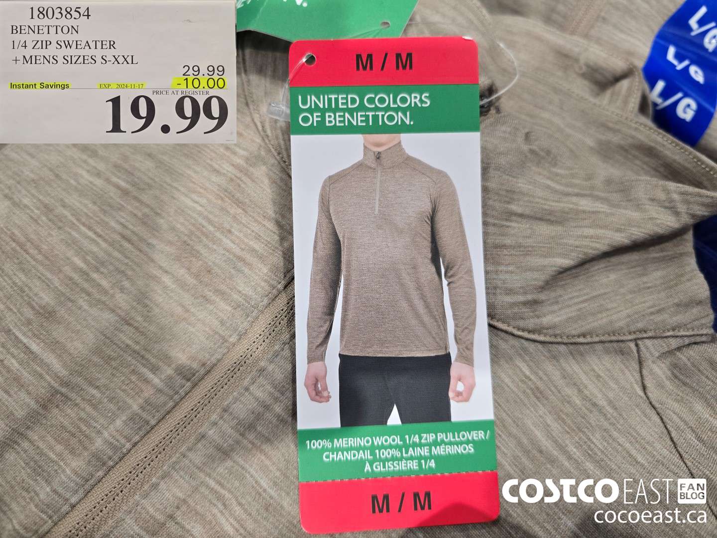 1803854 BENETTON 1/4 ZIP SWEATER +MENS SIZES S-XXL ($10.00 INSTANT SAVINGS EXPIRES ON 2024-11-17) $19.99