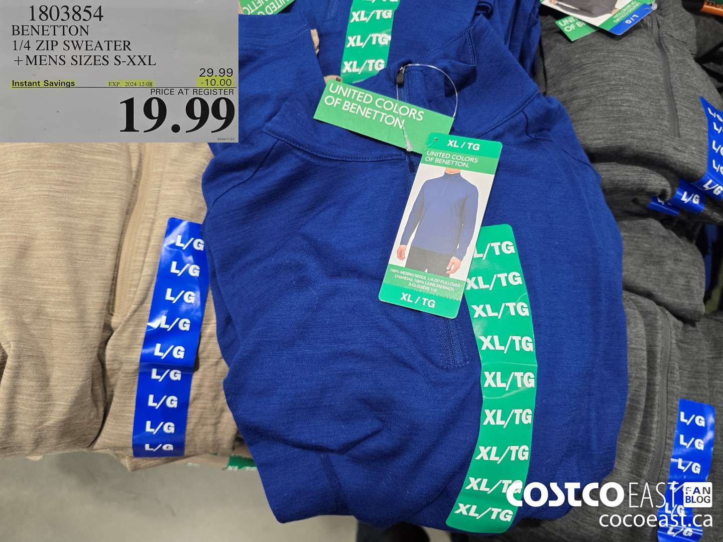 1803854 BENETTON 1/4 ZIP SWEATER +MENS SIZES S-XXL ($10.00 INSTANT SAVINGS EXPIRES ON 2024-12-08) $19.99