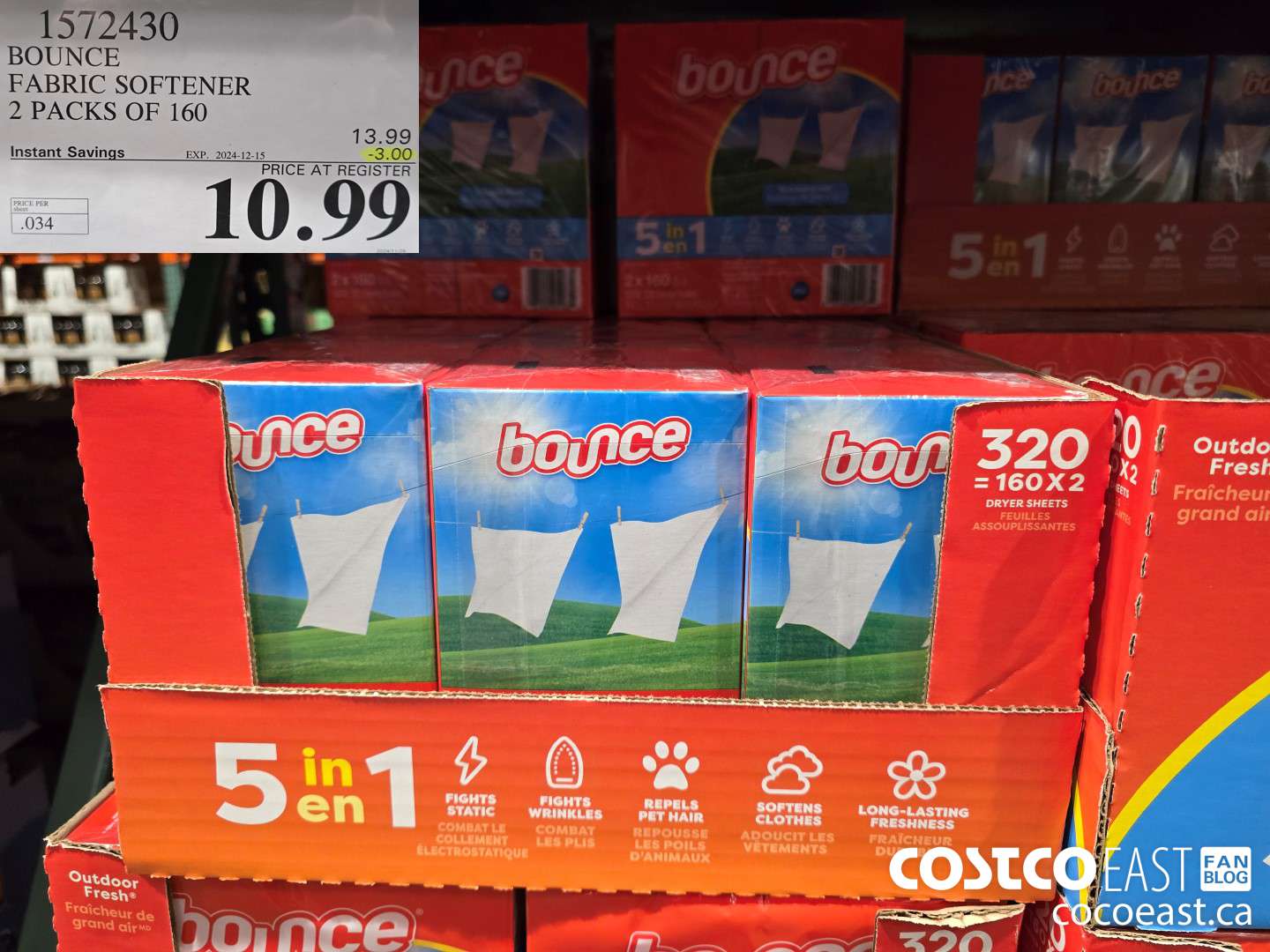 1572430 BOUNCE FABRIC SOFTENER 2 PACKS OF 160 ($3.00 INSTANT SAVINGS EXPIRES ON 2024-12-15) $10.99