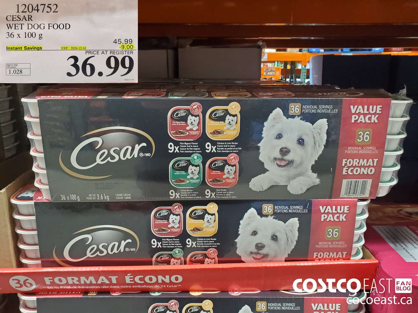 1204752 CESAR WET DOG FOOD 36 x 100 g ($9.00 INSTANT SAVINGS EXPIRES ON 2024-12-01) $36.99