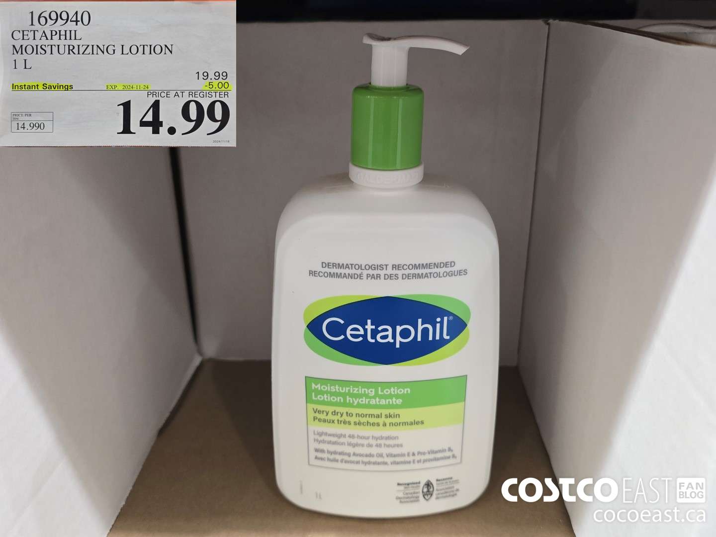 169940 CETAPHIL MOISTURIZING LOTION 1 L ($5.00 INSTANT SAVINGS EXPIRES ON 2024-11-24) $14.99