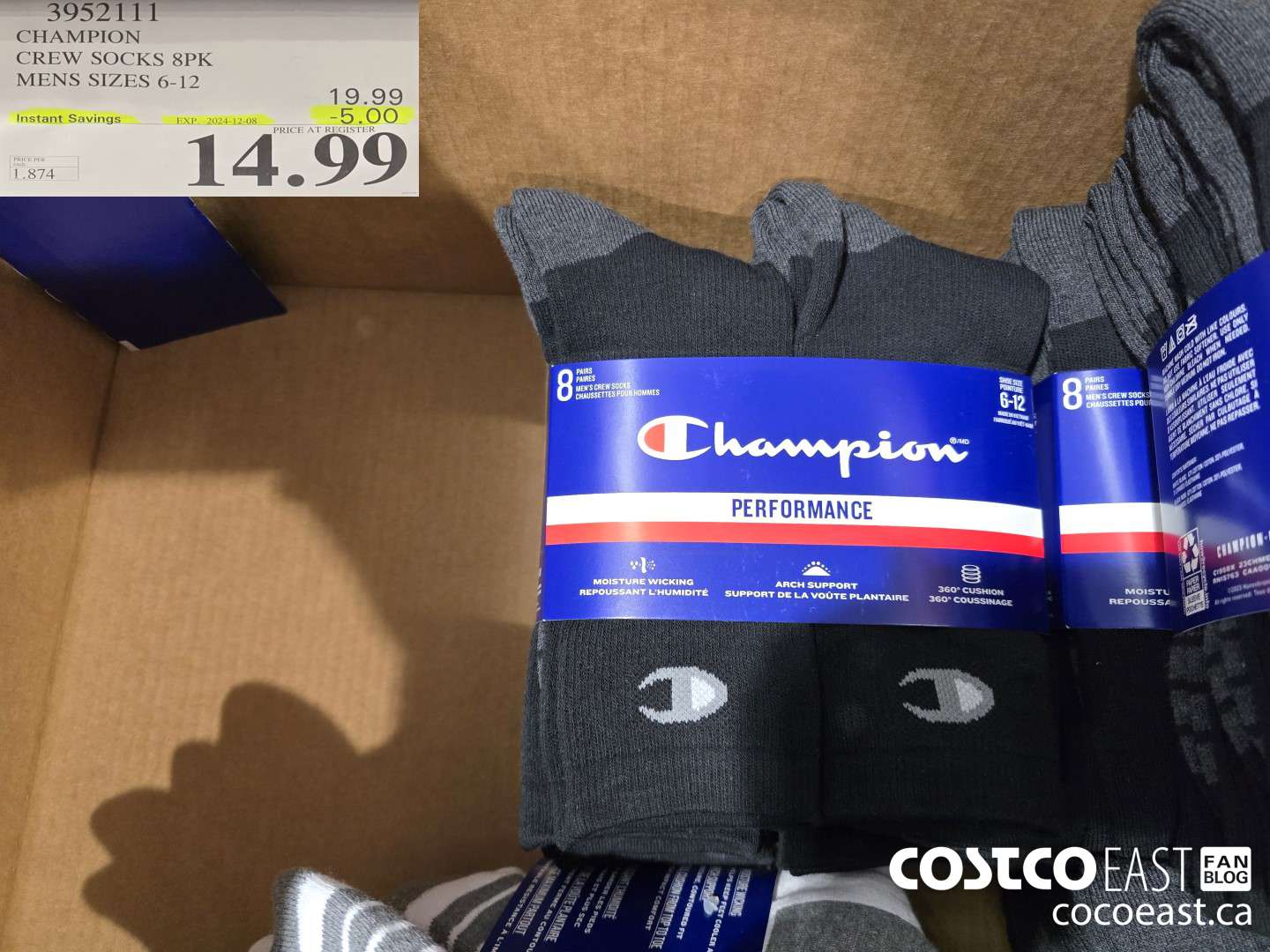 3952111 CHAMPION CREW SOCKS 8PK MENS SIZES 6-12 ($5.00 INSTANT SAVINGS EXPIRES ON 2024-12-08) $14.99