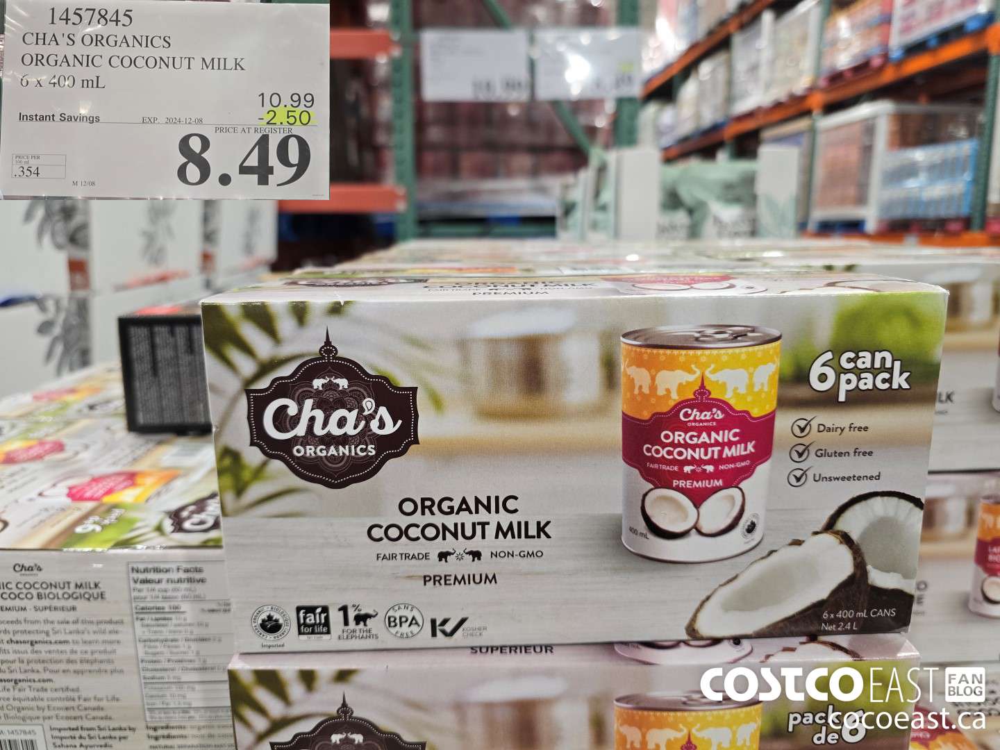 1457845 CHA'S ORGANICS ORGANIC COCONUT MILK 6 x 400 ml ($2.50 INSTANT SAVINGS EXPIRES ON 2024-12-08) $8.49
