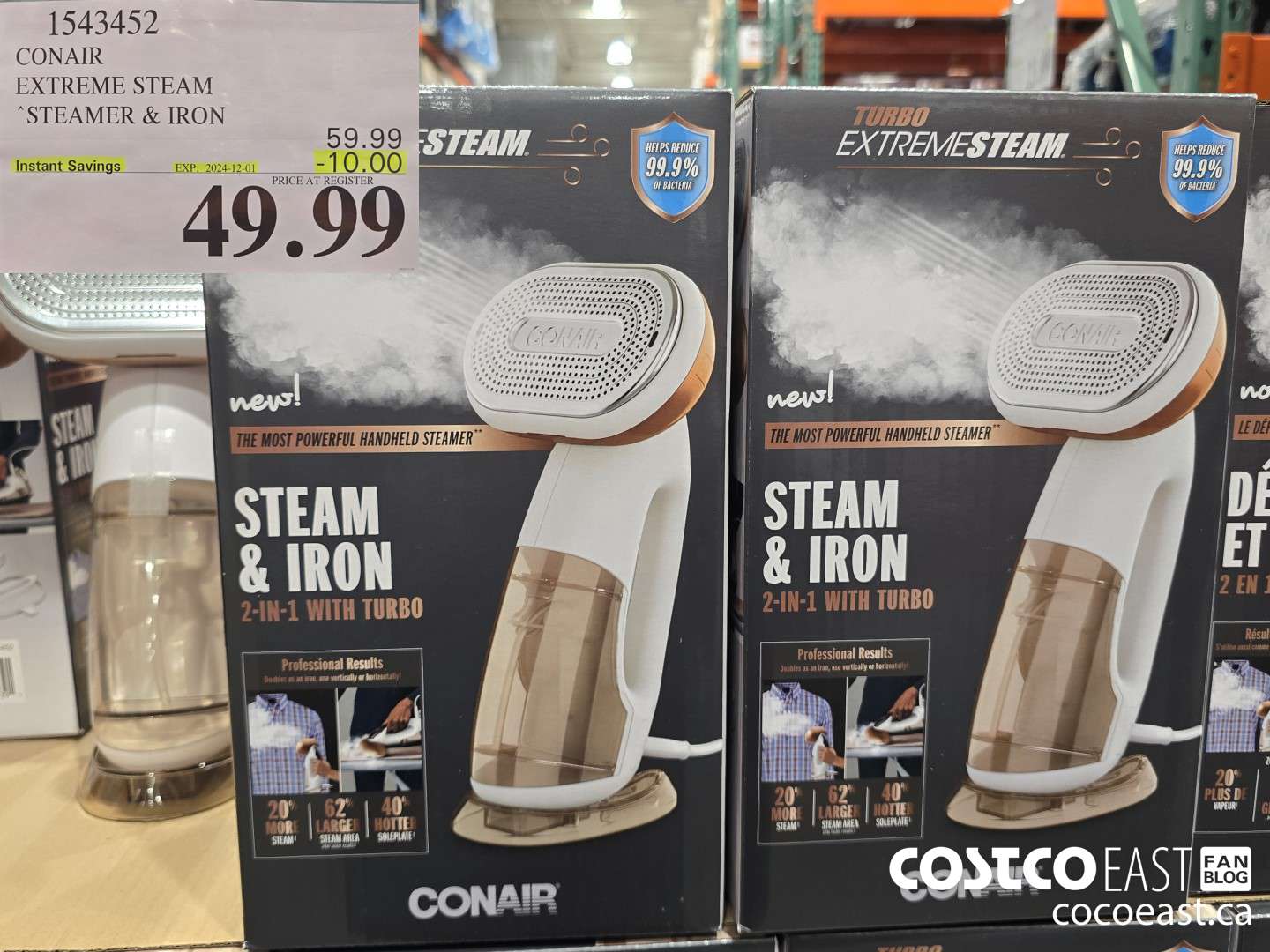 1543452 CONAIR EXTREME STEAM GARMENT STEAMER 2 IN 1 TURBO ($10.00 INSTANT SAVINGS EXPIRES ON 2024-12-01) $49.99