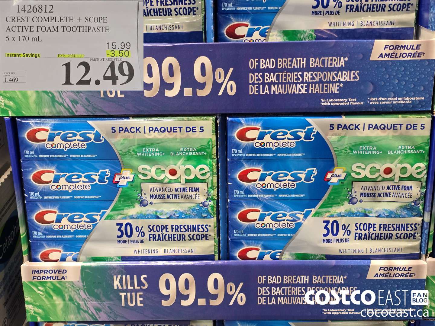 1426812 CREST COMPLETE + SCOPE ACTIVE FOAM TOOTHPASTE 5 X 170 ML ($3.50 INSTANT SAVINGS EXPIRES ON 2024-11-10) $12.49
