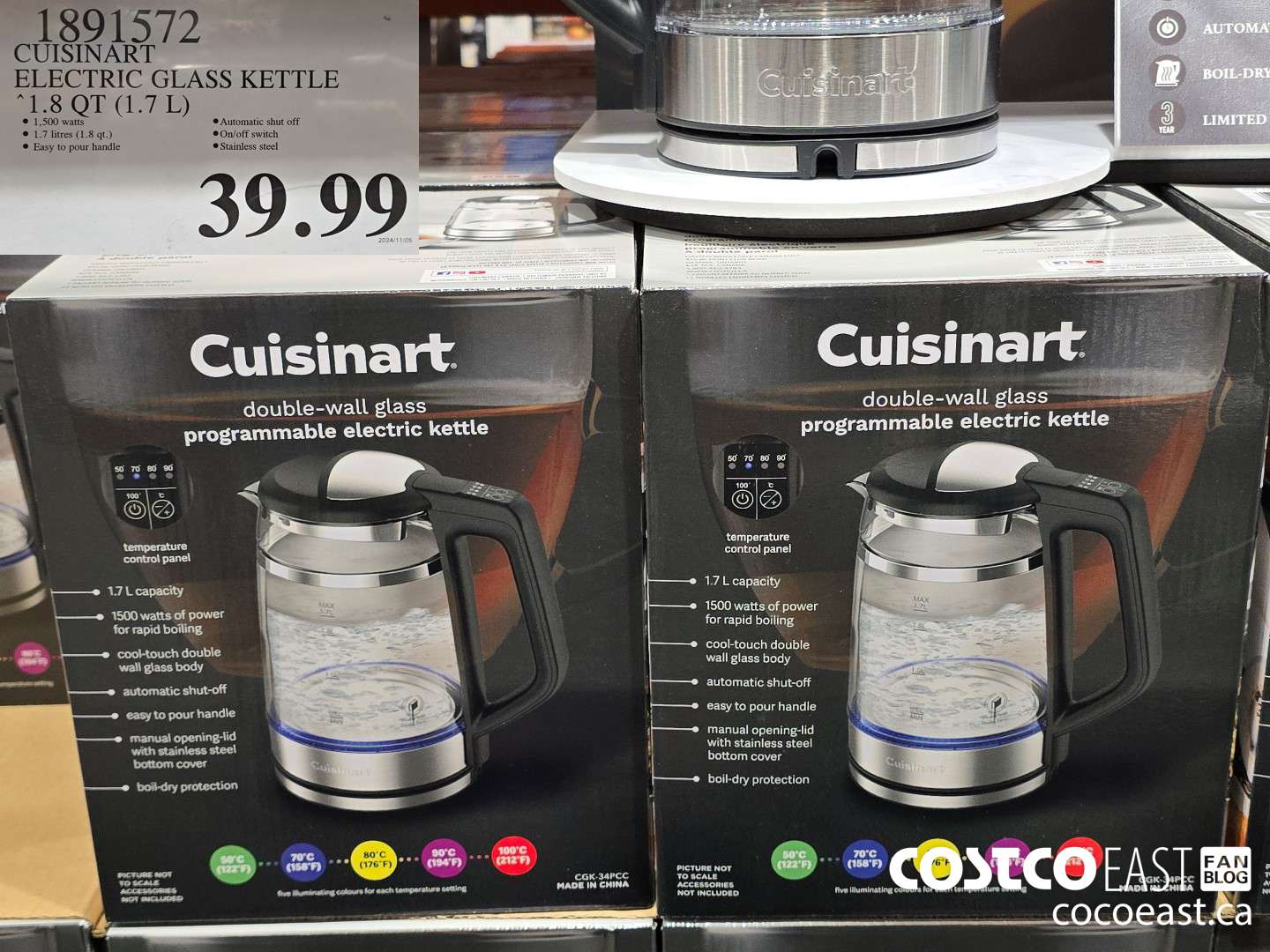 1891572 CUISINART ELECTRIC GLASS KETTLE 1.8 QT (1.7L) $39.99