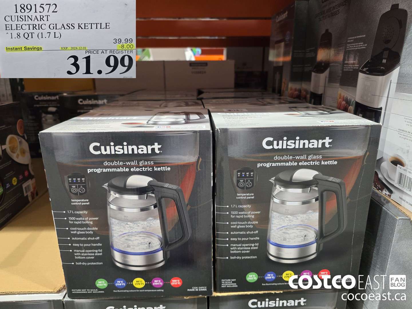 1891572 CUISINART ELECTRIC GLASS KETTLE 1.8 QT (1.7L) ($8.00 INSTANT SAVINGS EXPIRES ON 2024-12-01) $31.99