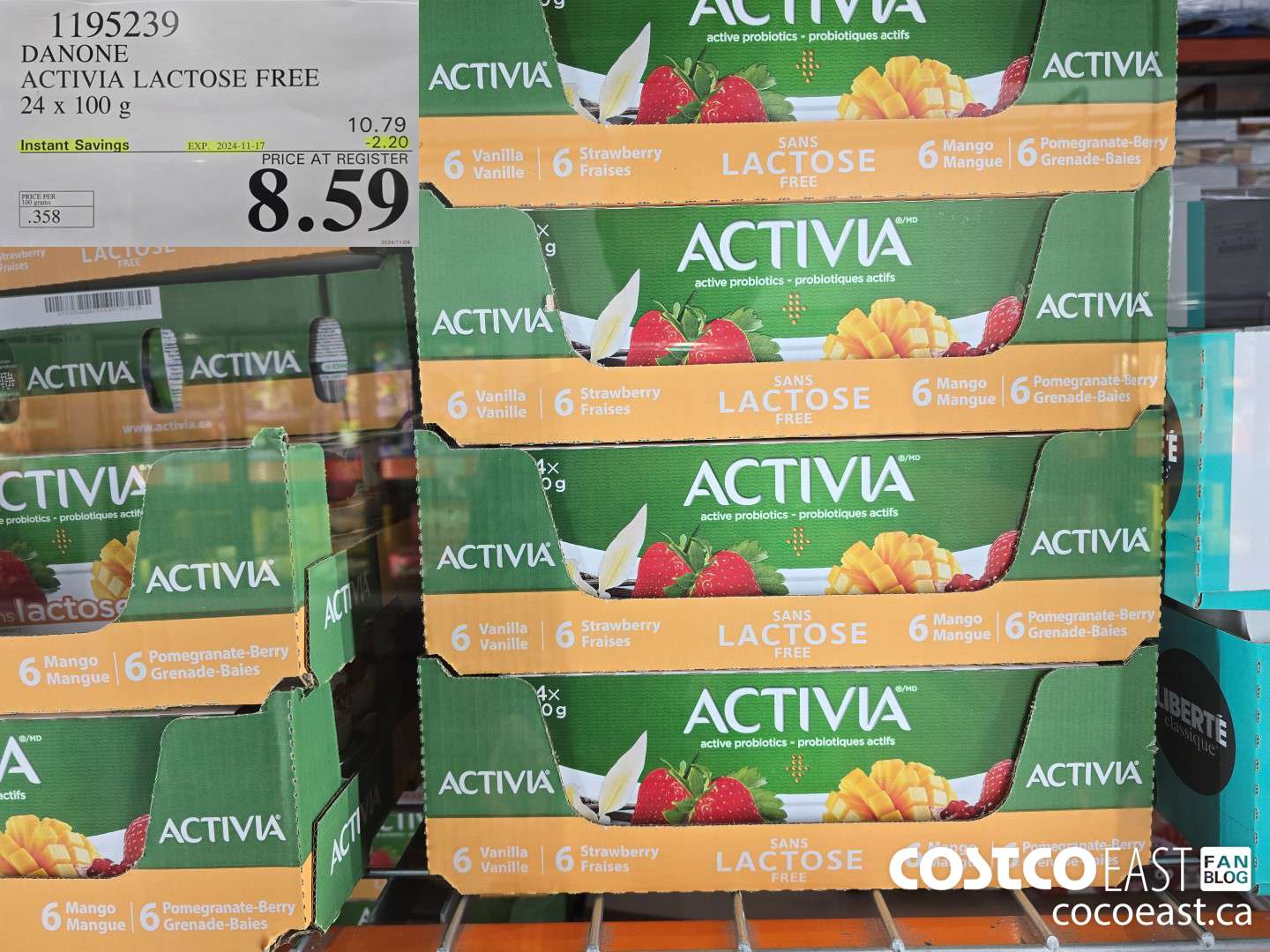 1195239 DANONE ACTIVIA LACTOSE FREE 24 x 100 g ($2.20 INSTANT SAVINGS EXPIRES ON 2024-11-17) $8.59