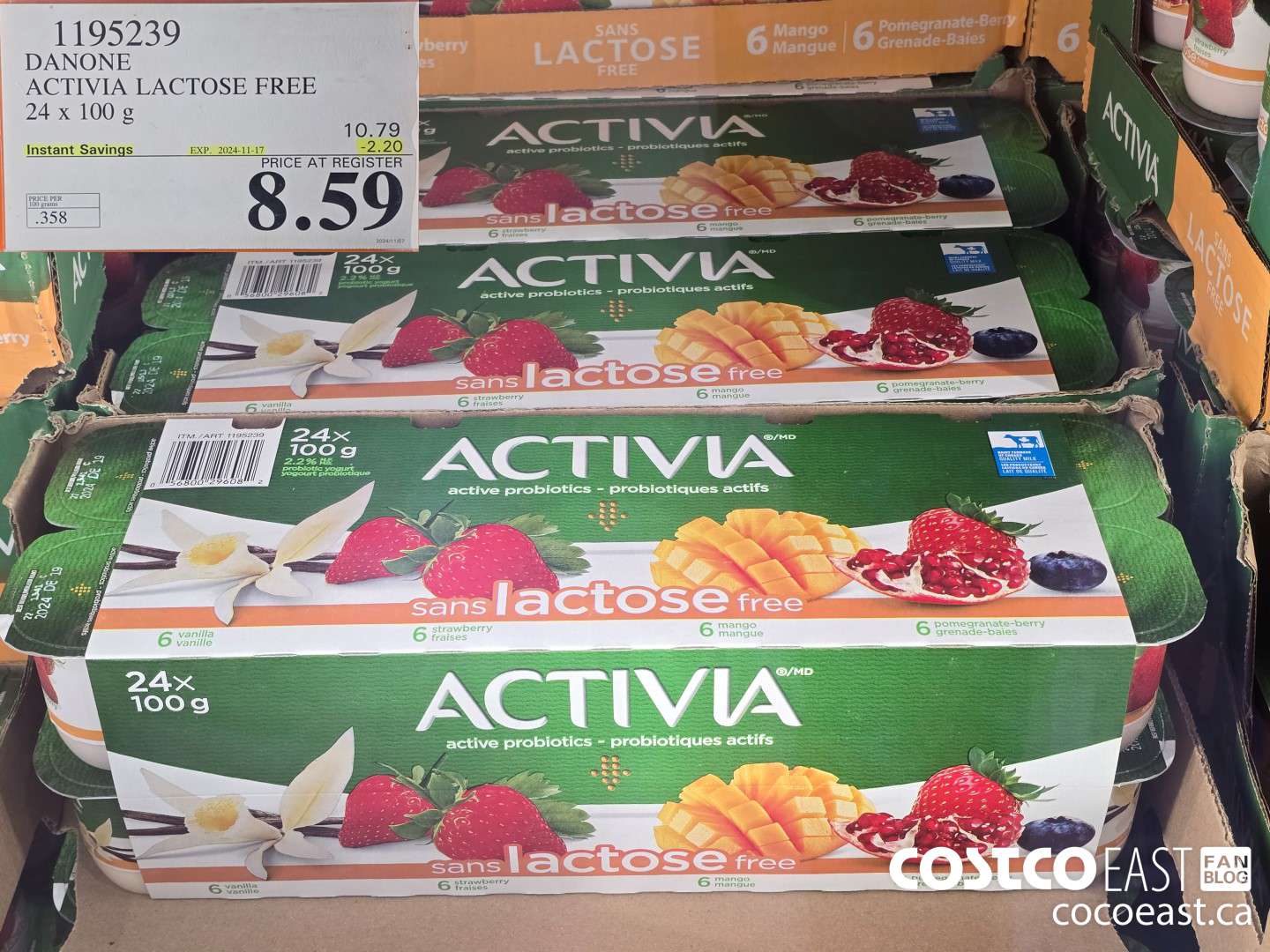 1195239 DANONE ACTIVIA LACTOSE FREE 24 x 100 g ($2.20 INSTANT SAVINGS EXPIRES ON 2024-11-17) $8.59