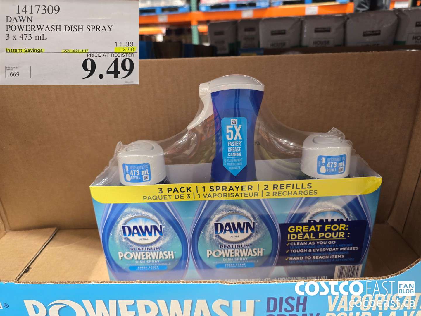 1417309 DAWN POWERWASH DISH SPRAY 3 X 473 mL ($2.50 INSTANT SAVINGS EXPIRES ON 2024-11-17) $9.49