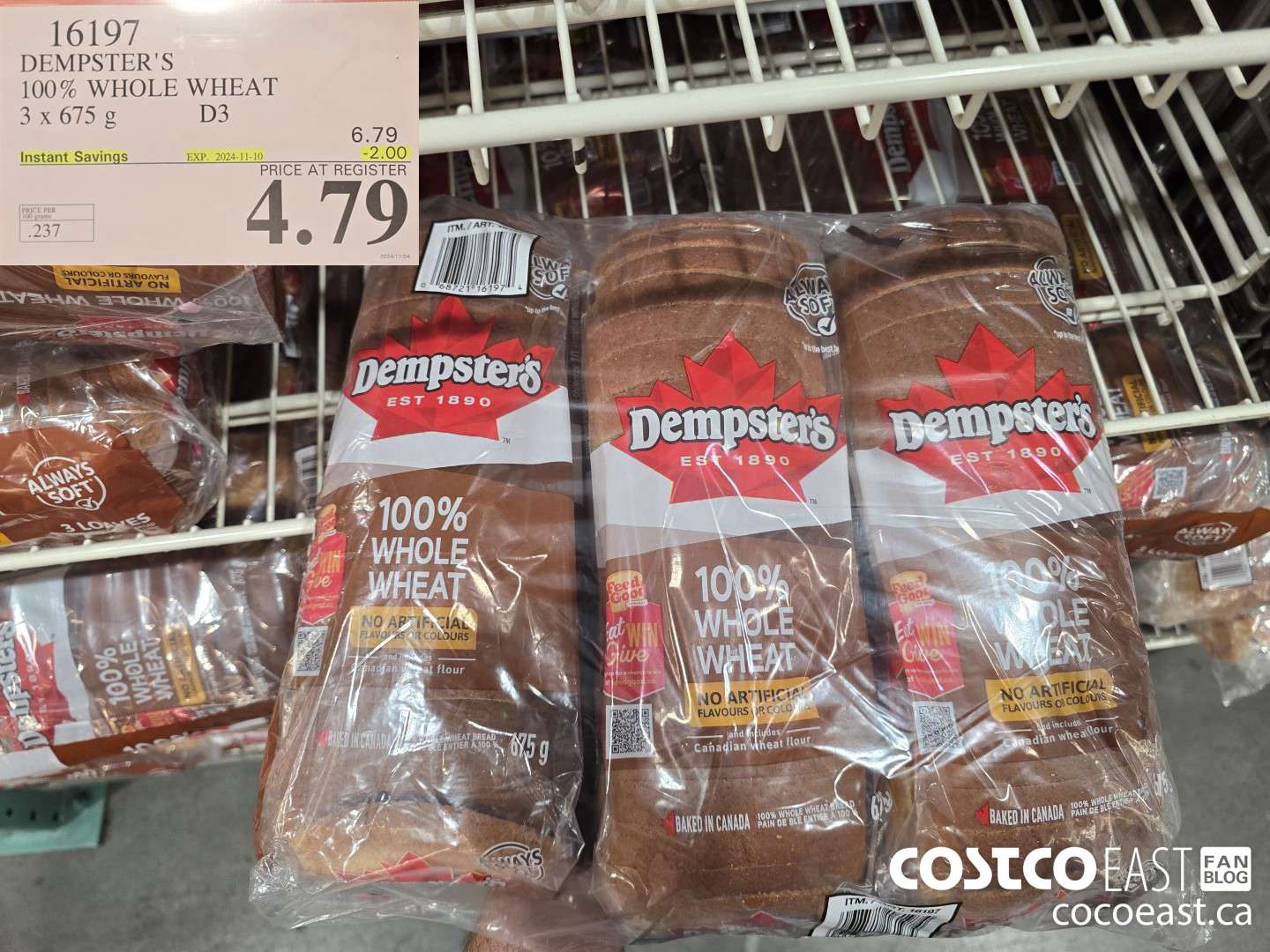 16197 DEMPSTER'S 100% WHOLE WHEAT 3 X 675 G ($2.00 INSTANT SAVINGS EXPIRES ON 2024-11-10) $4.79