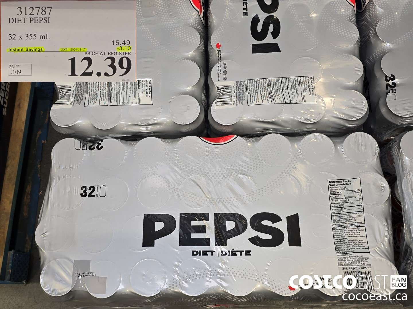 312787 DIET PEPSI 32 X 355 ML ($3.10 INSTANT SAVINGS EXPIRES ON 2024-11-17) $12.39