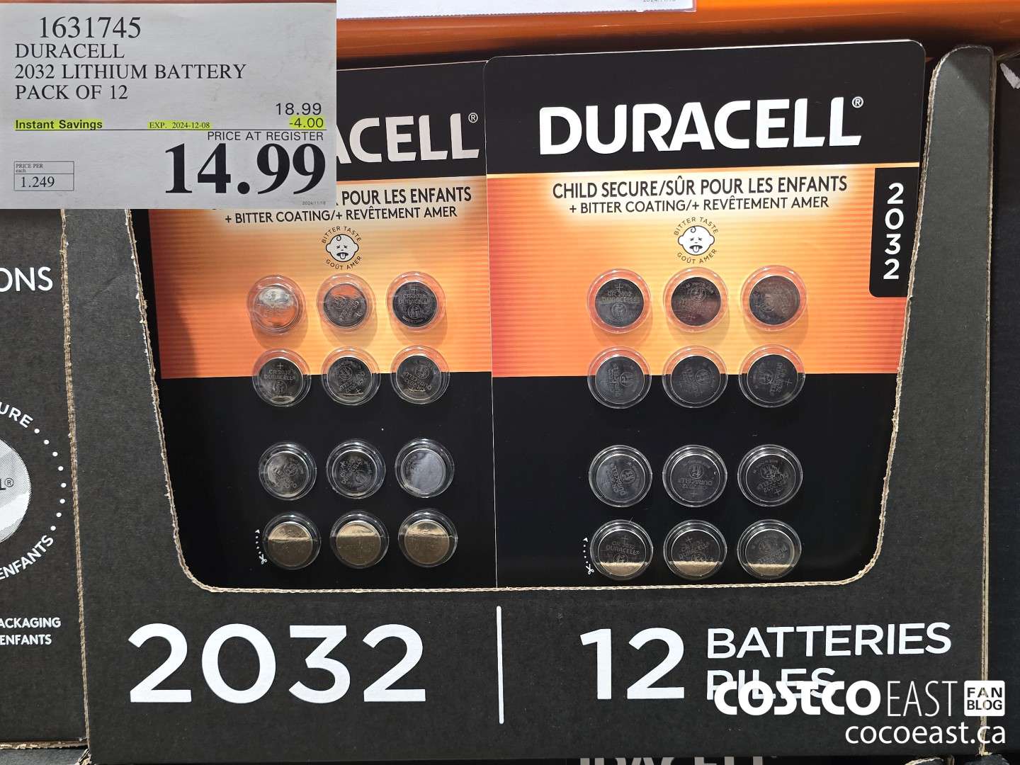 1631745 DURACELL 2032 LITHIUM BATTERY PACK OF 12 ($4.00 INSTANT SAVINGS EXPIRES ON 2024-12-08) $18.99