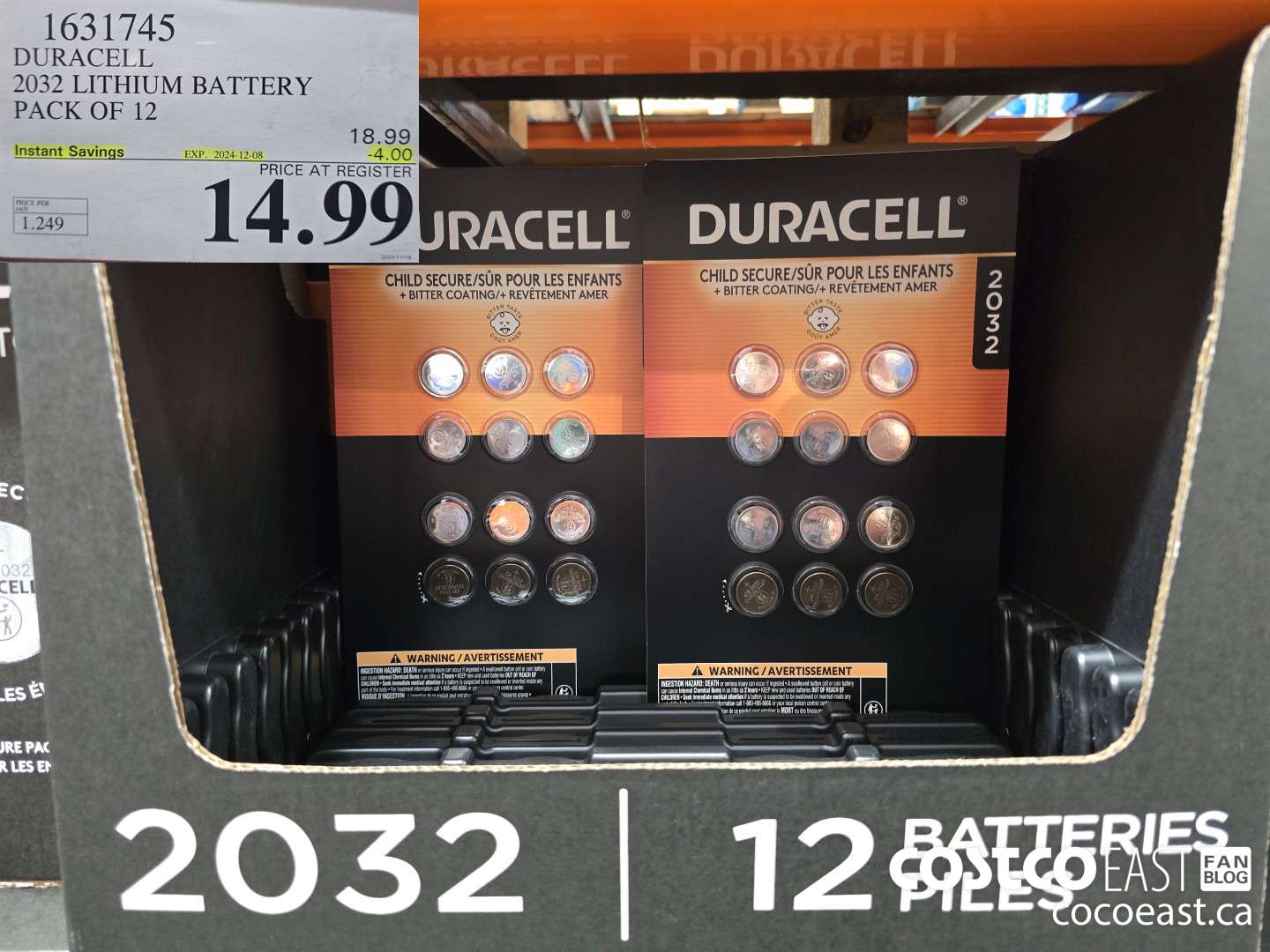 1631745 DURACELL 2032 LITHIUM BATTERY PACK OF 12 ($4.00 INSTANT SAVINGS EXPIRES ON 2024-12-08) $14.99