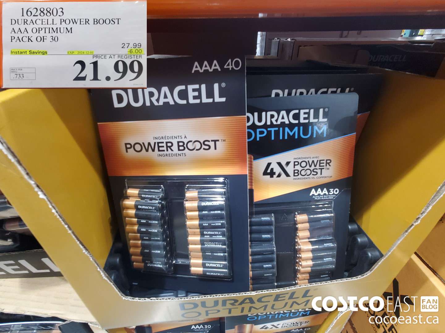 1628803 DURACELL POWER BOOST AAA OPTIMUM PACK OF 30 ($6.00 INSTANT SAVINGS EXPIRES ON 2024-12-01) $21.99